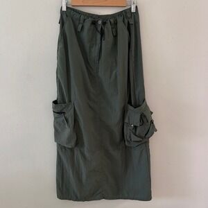 Jacques Ruc Olive Green Nylon Cargo‎ Maxi Skirt Utilitarian Gorpcore Size Small